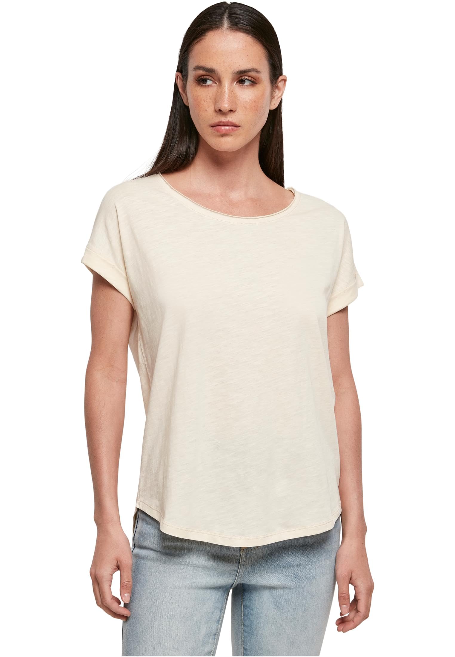 Build your Brand Women's T-Shirt Long Slub Tee Short Sleeve Top for Women with Extended Back in Black or White, Sizes XS - 5XL, Whitesand., XXXXL
