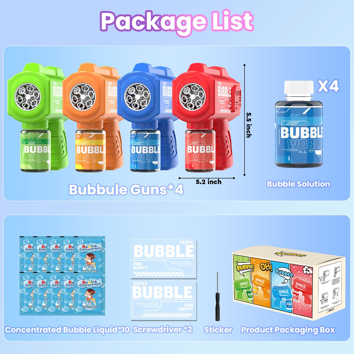 4 Pièces Pistolet à Bulles Automatique - 5000+ Bulles/Min, Portable avec Lumières, 4 Solutions + 10 Recharges - Jouets Bulles pour Enfants - Mariages/Anniversaires/Fêtes/Cadeau