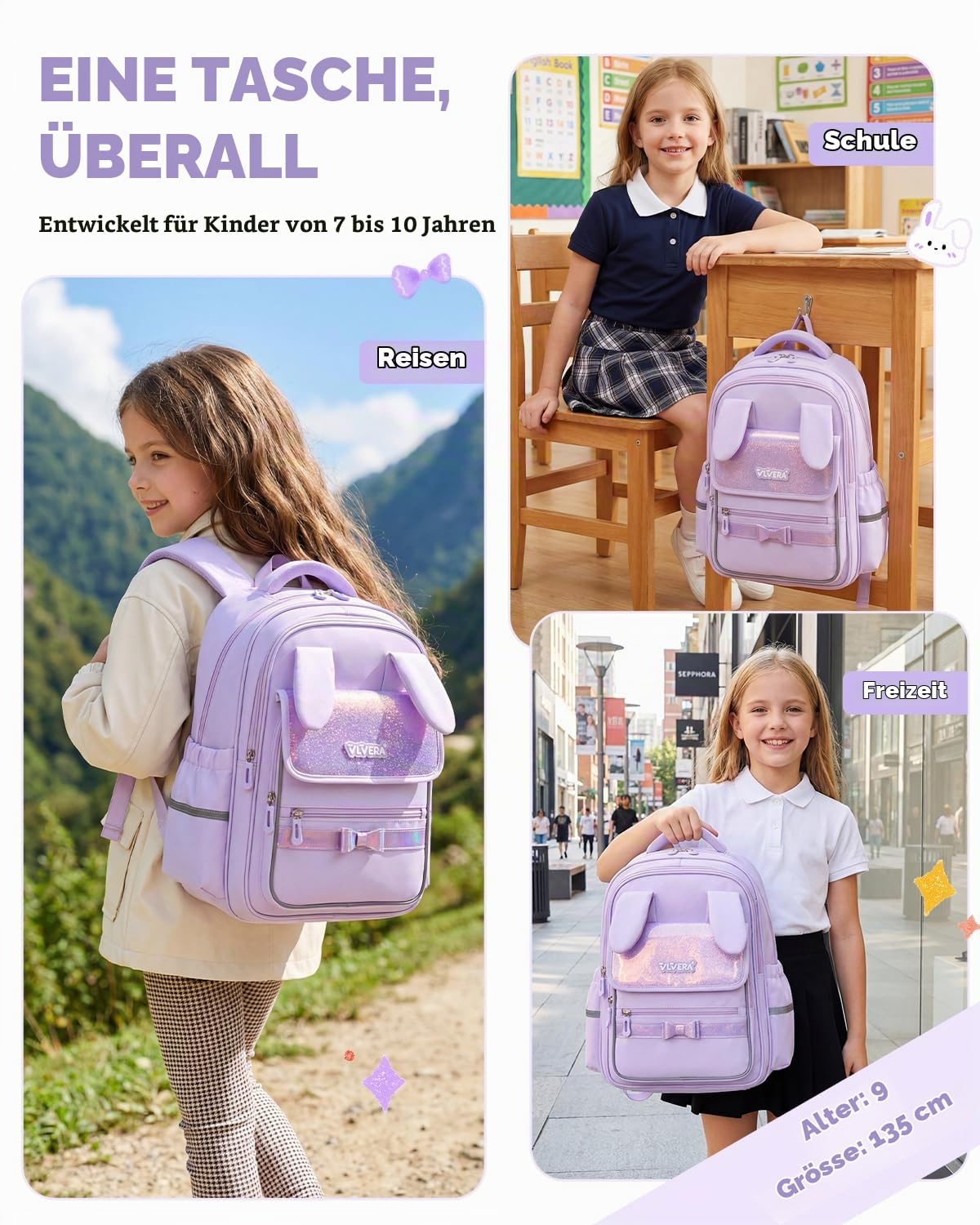 Amythe Schulranzen für Mädchen 1. - 3. Klasse - Leichter Schulrucksack mit reflektierenden Streifen, Wasserabweisend & Ergonomisch - Perfekt für Grundschüler 7-10 Jahre, Lila
