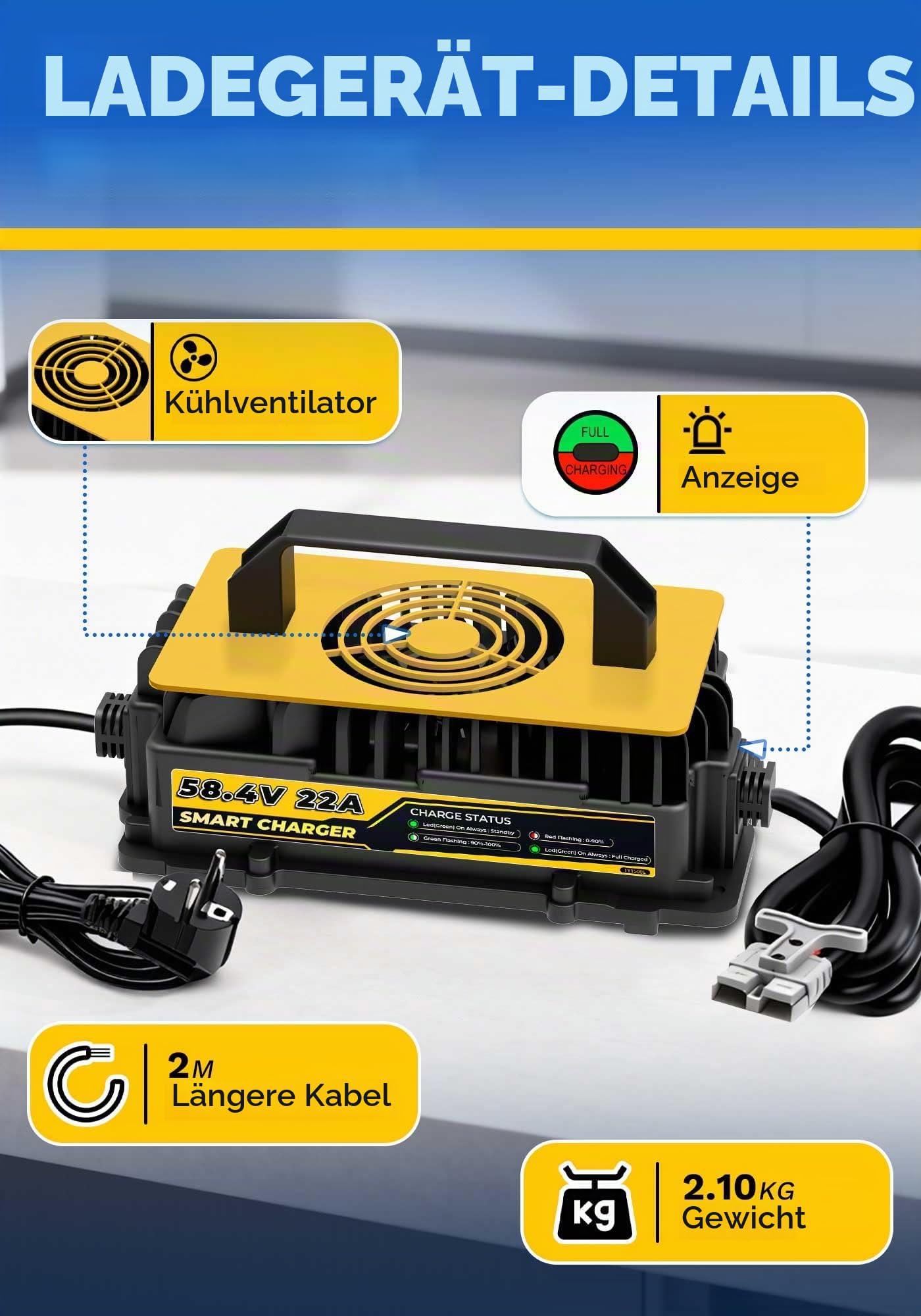 58,4V 22A LiFePO4 Lithium Batterie Ladegerät für 48V(51,2V) LiFePO4 Lithium Batterien, IP67 Wasserdicht Akku Ladegerät für Wohnmobile, Boot, Solar, Golfwagen