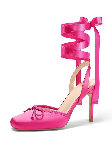 Coutgo Womens Ballet High Heels Satin Closed Square Toe Ballerina Heels Lace Up Bow Pumps Prom Shoes - Hot Pink - 6.5