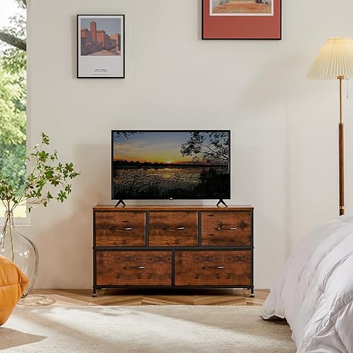 Vista 190 de DUMOS Cómoda para dormitorio, 4 cajones, organizador de cofres altos de tela, muebles de torre con marco de metal superior de madera para sala