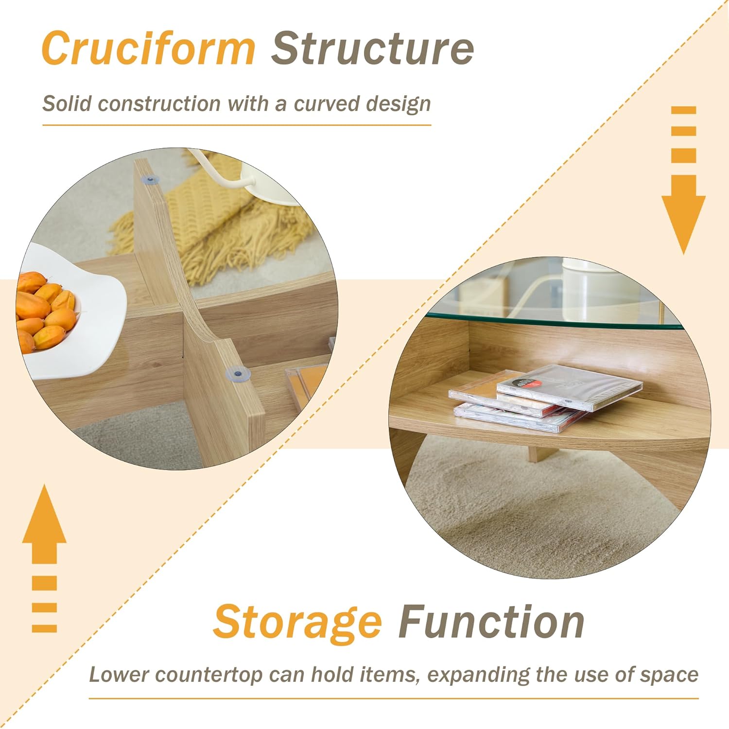 41.3" Oval Glass Coffee Table for Living Room, Mid Century Modern Center Table with Tempered Glass Top, Middle Tables with Storage for Home, Office