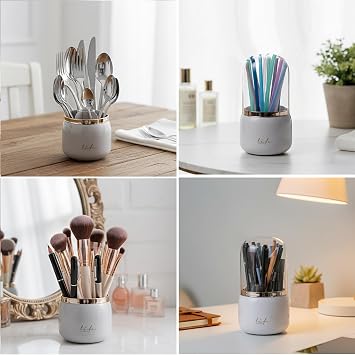 White Rotating Utensil Holder - Utensil Pot, Spoon Holder Cutlery Organiser with Multi-Compartment, Kitchen Utensils Holder for Cooking Tools/Tableware