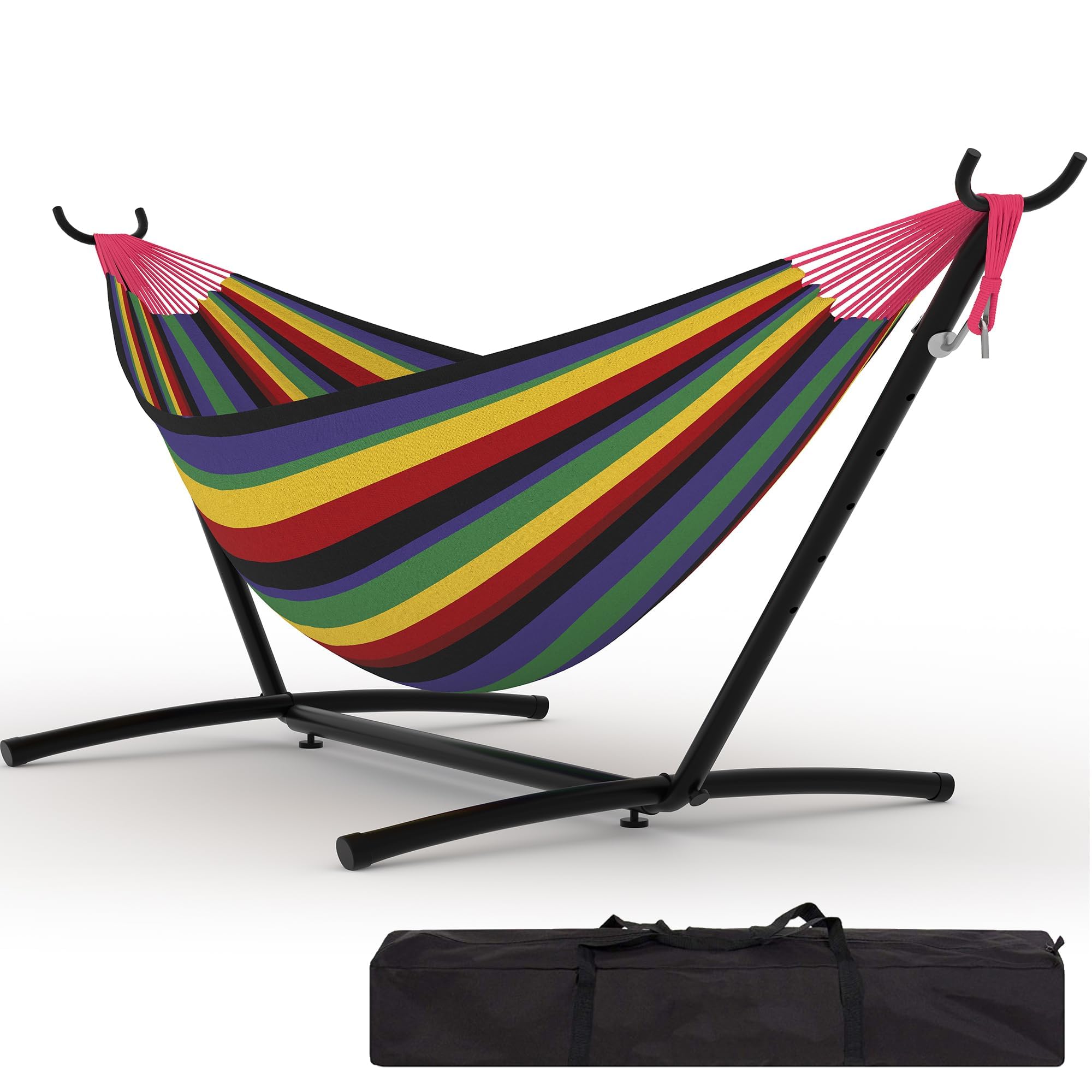 AffinityFurn Hammock with Stand Set, 2 Person Foldable Portable Polyester Cotton Hammock, 450 Lbs Capacity with Carry Bag, Outdoor Hammock for Patio Garden Backyard Camping - Black Rainbow Stripes