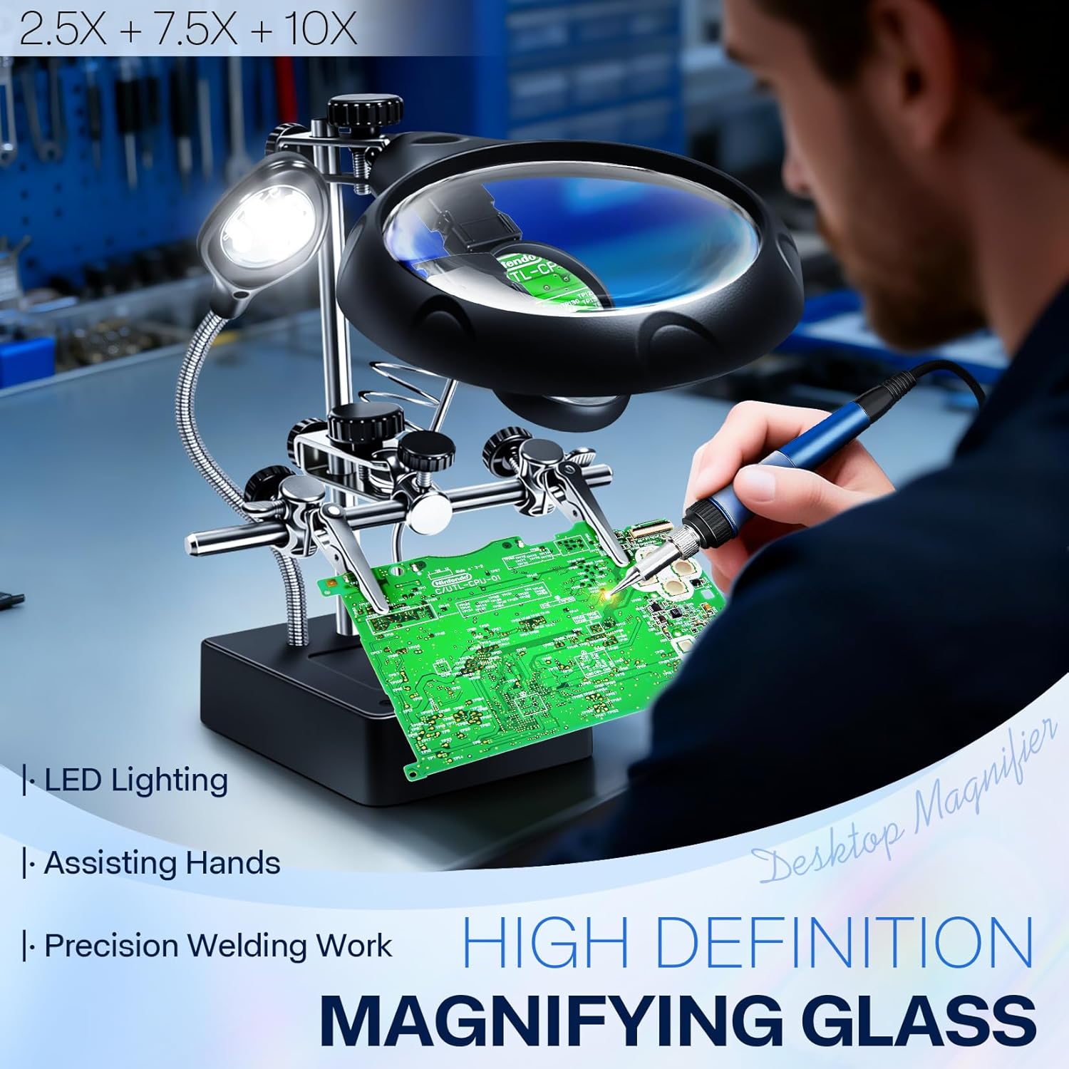 Helping Hands Magnifier Soldering Station with LED Light,LXIANGN 2.5X 7.5X 10X Desktop Magnifying Glass with Stand with Auxiliary Clamp for Miniature Painting,Model,Repair,Crafts,Hobby