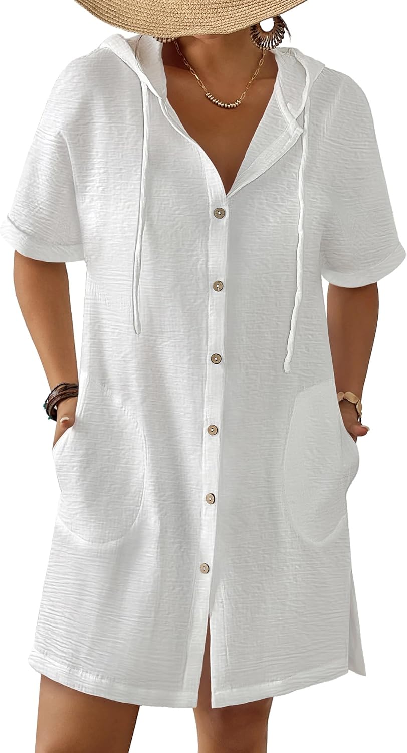 Bsubseach Womens Swimsuit Cover Up Shirt Button Down Short Sleeve Bathingsuit Coverups Hooded Beach Coverup With Pockets