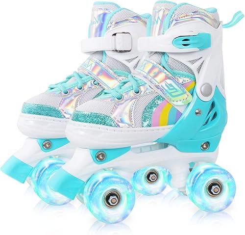 Nattork - Patines de ruedas para niñas pequeñas, 4 tamaños ajustables de arco iris con ruedas iluminadas, el mejor regalo para niños principiantes