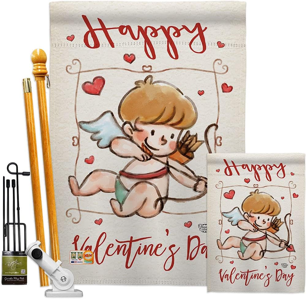 H191109-BO Happy Valentine's Day Cupid Spring Valentines Impressions Decorative Vertical 28" x 40" Double Sided House Flag Printed in USA Multi-Color