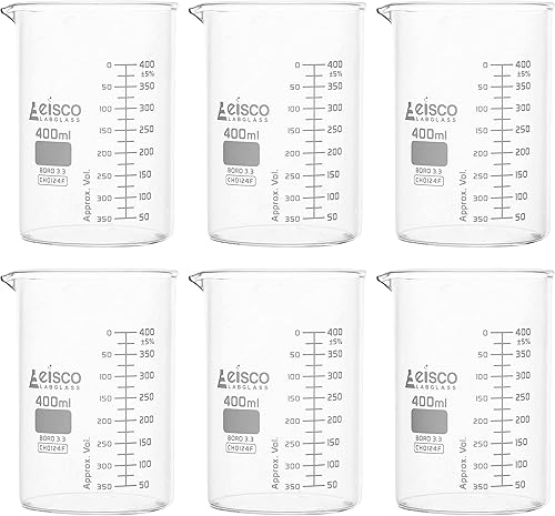 Vasos de vaso 6PK 135fl oz - ASTM - Forma baja con boquilla - Escala doble graduaciones blancas - Vidrio borosilicato 33 - Eisco Labs
