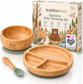 Bubba Bear Baby Bamboo Weaning Set | Toddler & Babies Plates & Bowls with Suction | Childs Led Feeding Plate, Bowl and Spoon Set | Wooden Dinner Essentials Sets for Kids | Eco Friendly & BPA Free