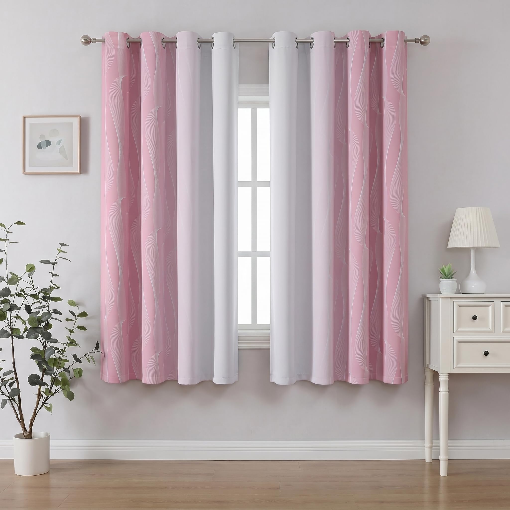 Gazal Vole Pink and White Ombre Curtains for Girl's Room – Modern Gradient Drapes with Wave Line Pattern, 63 inch Drop, 80-90% Room Darkening for Nursery Bedroom Living Room & Office, 2 Panels