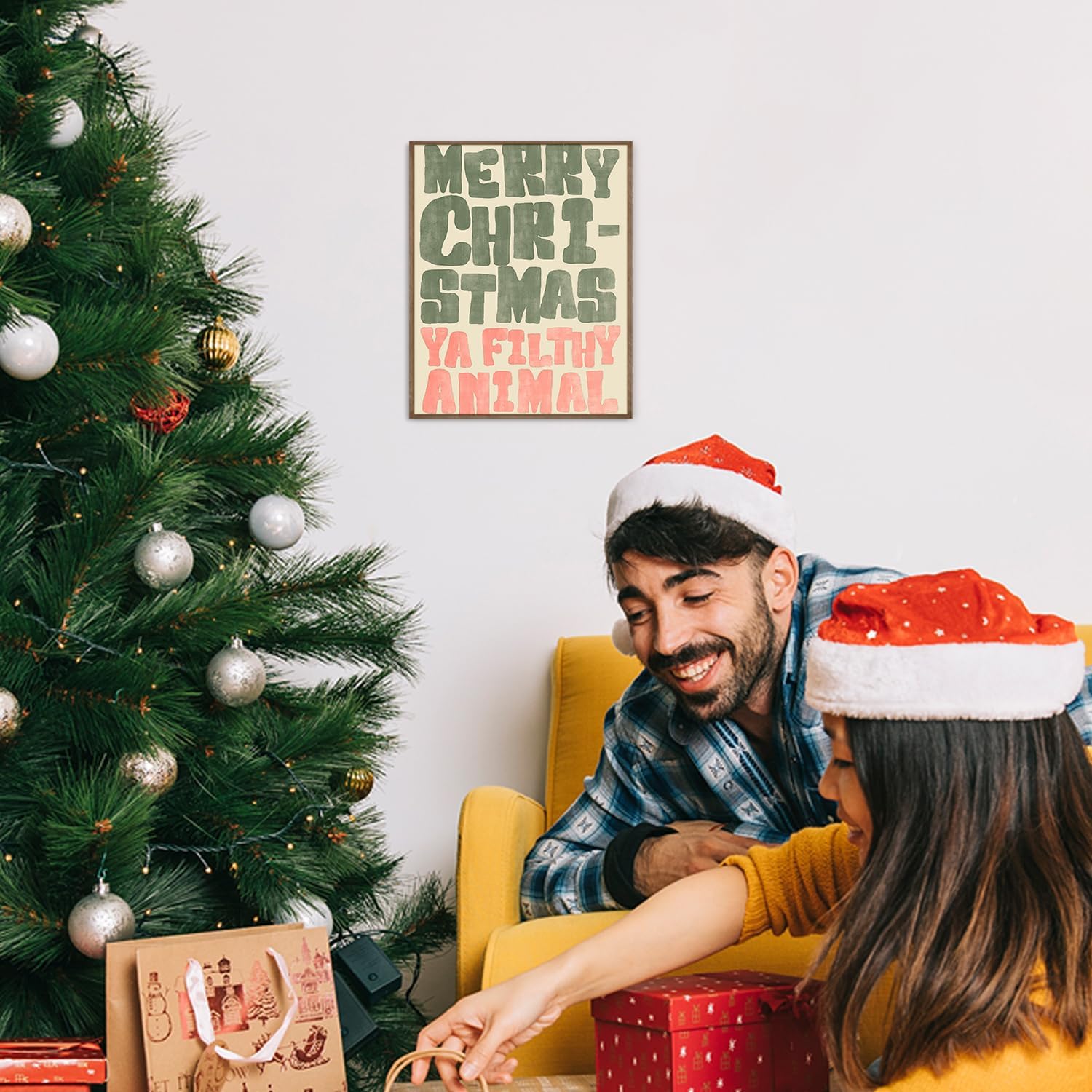 CIOJUNE Christmas Wall Decor, Merry Christmas Ya Filthy Animal Canvas Wall Art Prints, Funny Christmas Decor, Vintage Green and Pink Christmas Posters Wall Decor for Home Office, 8x10 Unframed