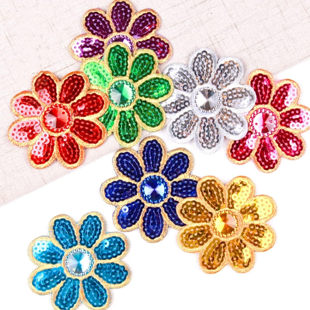 20 Pieces 8 Petals Flower Sequined Appliques Beaded Appliques Floral Iron on Patches Decal for Garment Curtain Pillow Blanket Trimming Jeans Clothing Embellishments (Multi)