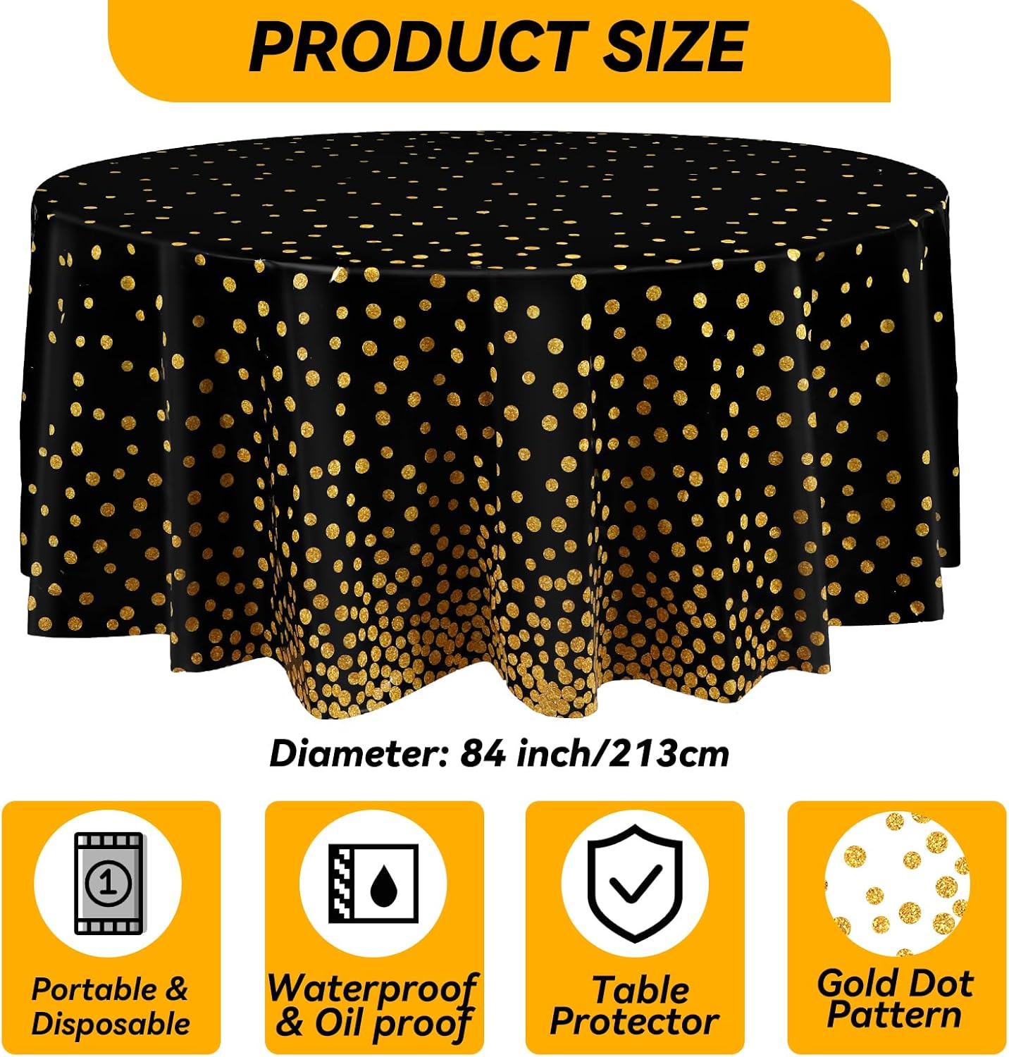 Newwiee 12 Pcs Round Dot Tablecloth 84 Inch Plastic Table Cover Graduation Confetti Tablecloths for Grad Wedding Bridal Shower Birthday Spring Graduate Party Decor (Black and Gold Dots)