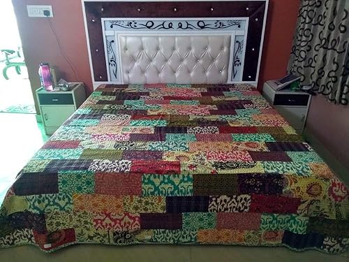 Vista 2 de Rastogi Handicrafts India étnico hecho a mano apliques Jogi trabajo algodón doble cama tamaño Queen multicolor Bedsheet Cover (Multi JAGGING color)