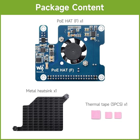Waveshare PoE HAT (F) Compatible with Raspberry Pi 5, High Power, Onboard Cooling Fan, with Metal Heatsink, Supports 802.3af/At Network Standard