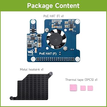 Waveshare PoE HAT (F) Compatible with Raspberry Pi 5, High Power, Onboard Cooling Fan, with Metal Heatsink, Supports 802.3af/At Network Standard