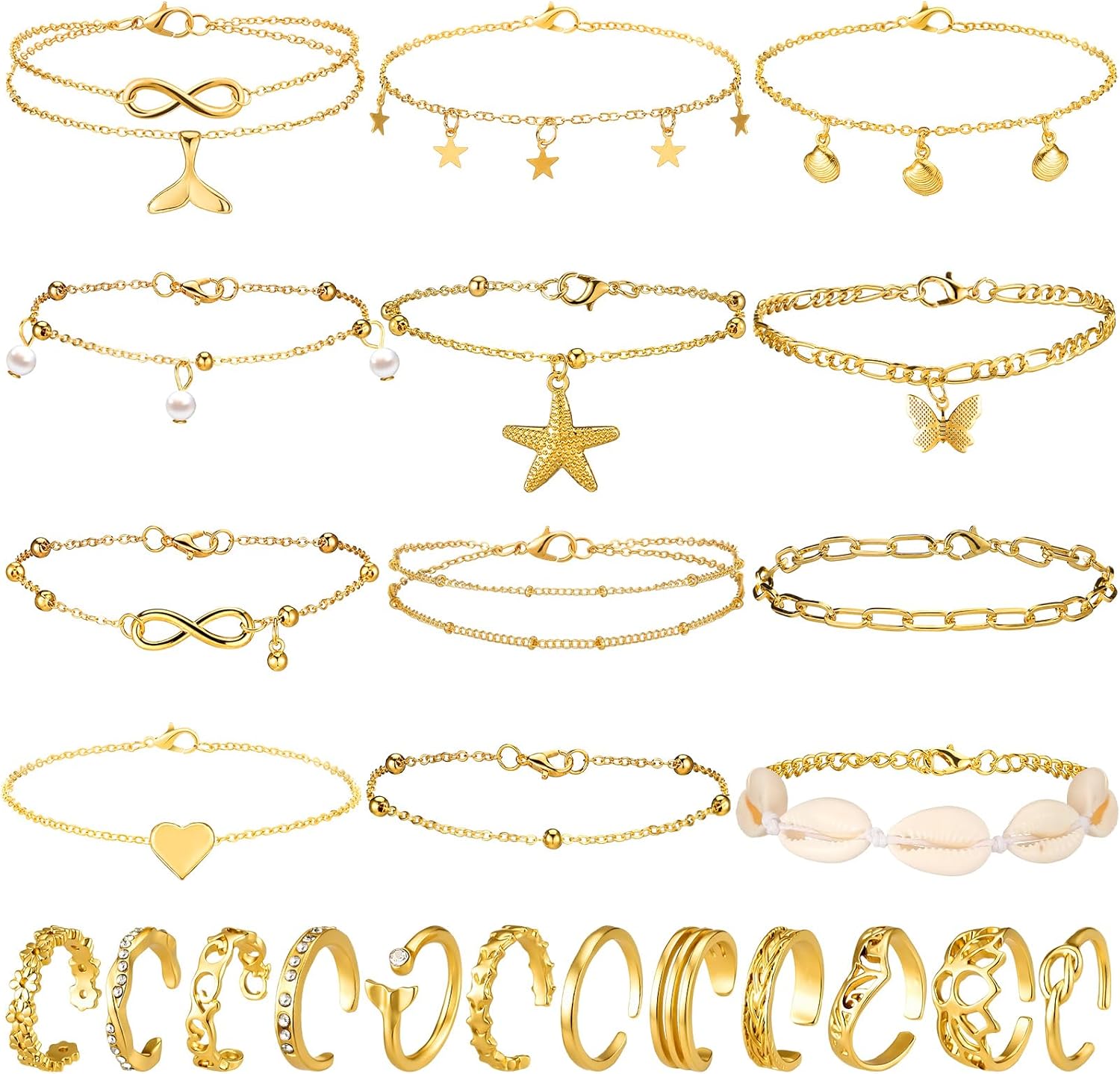 Sasylvia 24 Pcs Anklet and Toe Ring Set for Women Girl Silver Gold Layered Anklet Chain Adjustable Open Toe Ring Foot Jewelry