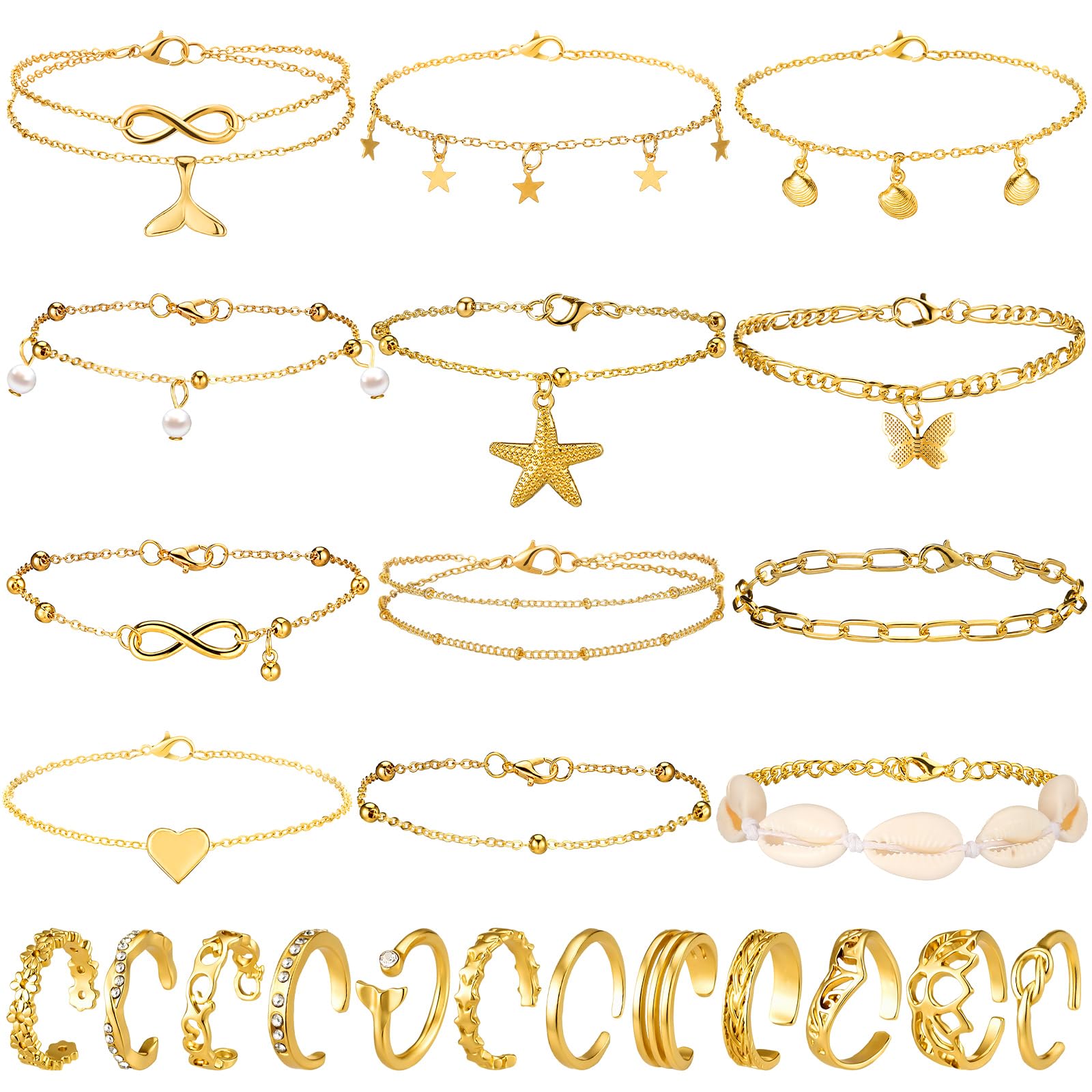 Sasylvia 24 Pcs Anklet and Toe Ring Set for Women Girl Silver Gold Layered Anklet Chain Adjustable Open Toe Ring Foot Jewelry