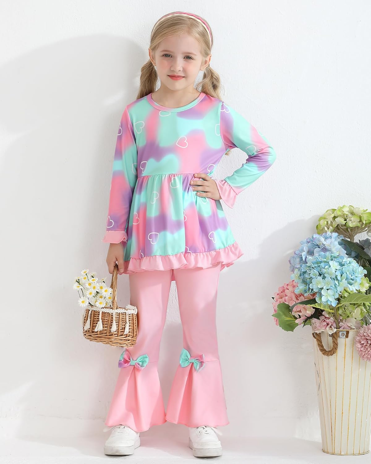 Toddler Girl Clothes Girls Fall Winter Outfits, Ruffle Long Sleeved Floral Shirts Top + Bell-Bottoms Flare Pants Set - Image 2