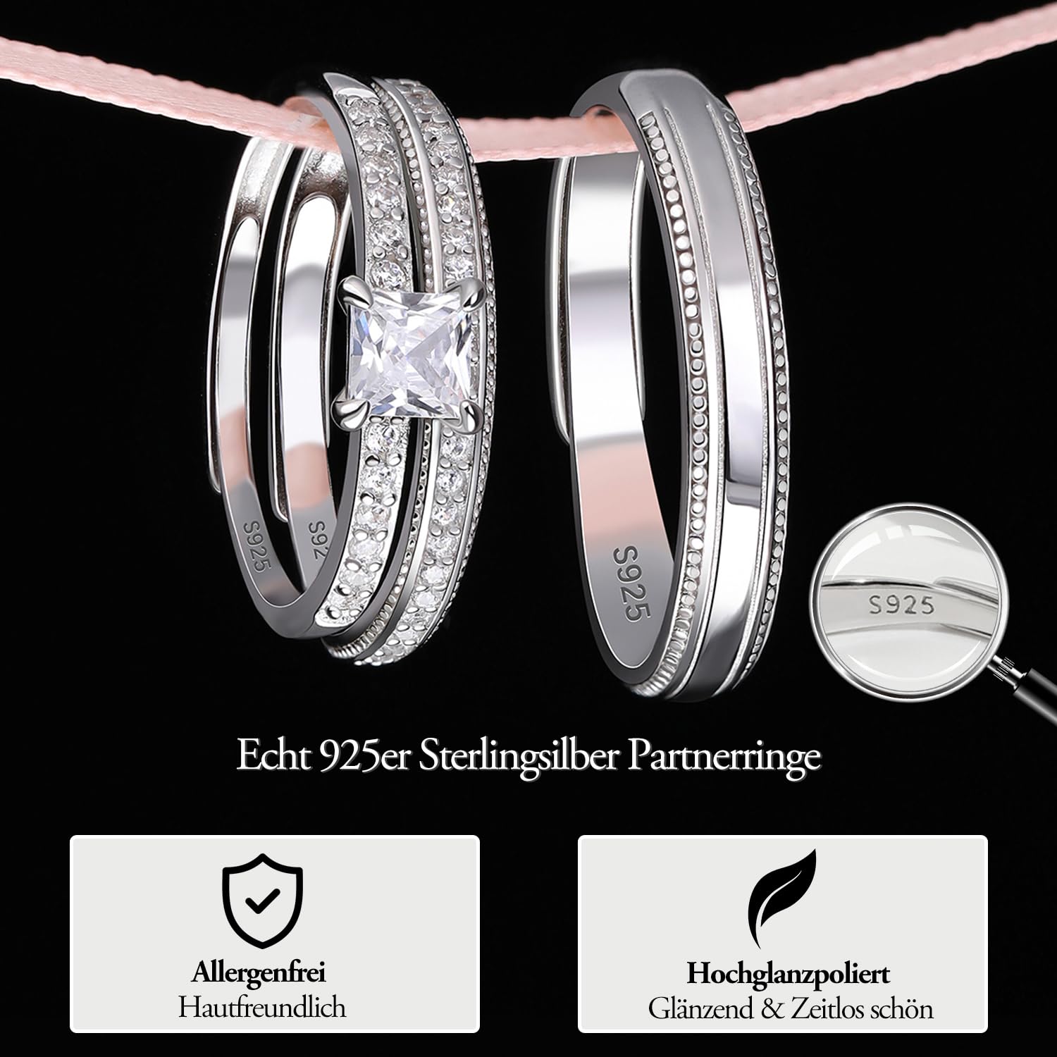 Meissa Verlobungsringe Paar Damen & Herren Eheringe Silber 925 3er Ring Set mit quadratischem Zirkonia Verstellbare Partnerringe für Sie und Ihn Hochzeit Jahrestag Geschenk