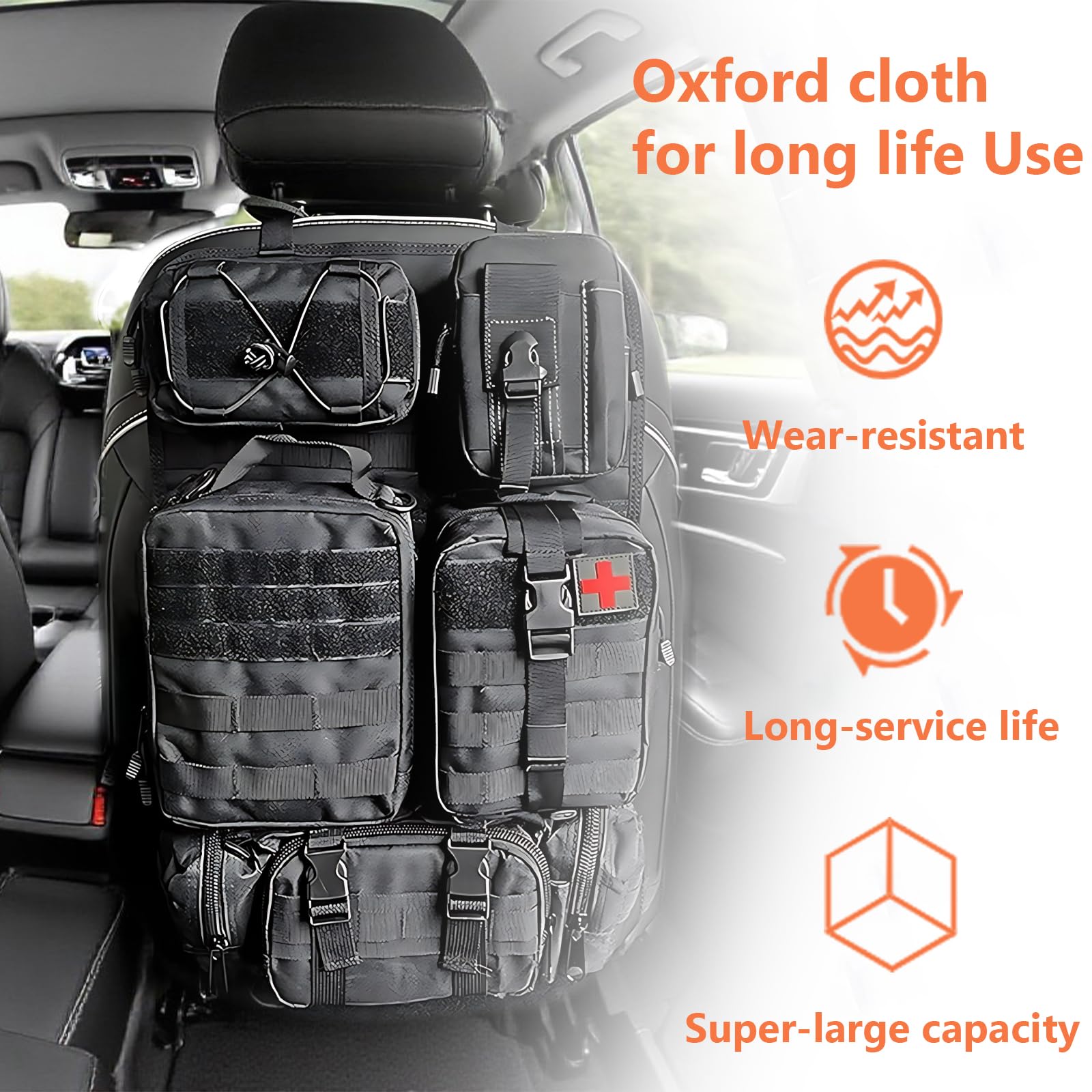 Organizador táctico para asiento trasero de coche, panel táctico multifuncional para vehículo, con 5 bolsas de almacenamiento desmontables, bolsa colgante de almacenamiento para respaldo de