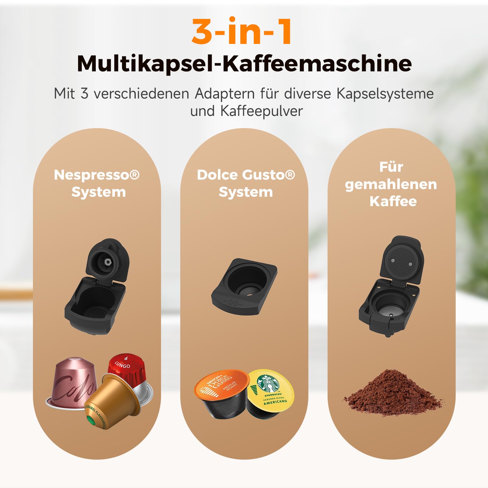 WOOX Kapselmaschine 3-in-1, 20 Bar, 1400W, Kompakte Kaffeemaschine für Nespresso, Dolce Gusto, K-fee und Kaffeepulver, 850ml Wassertank, Abschaltautomatik