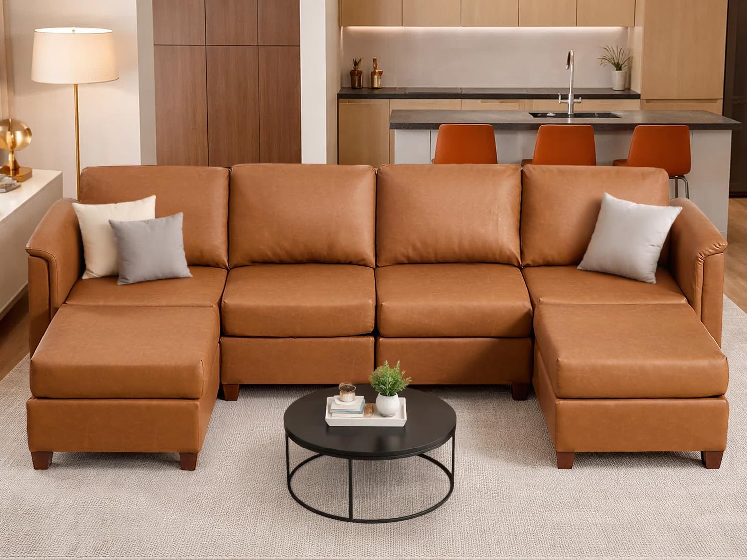 U Shaped Modular Sectional Sofa Cloud Couch with Storage, Faux Leather Sectional Couch for Living Room Furniture, Apartment(6-Seater B)