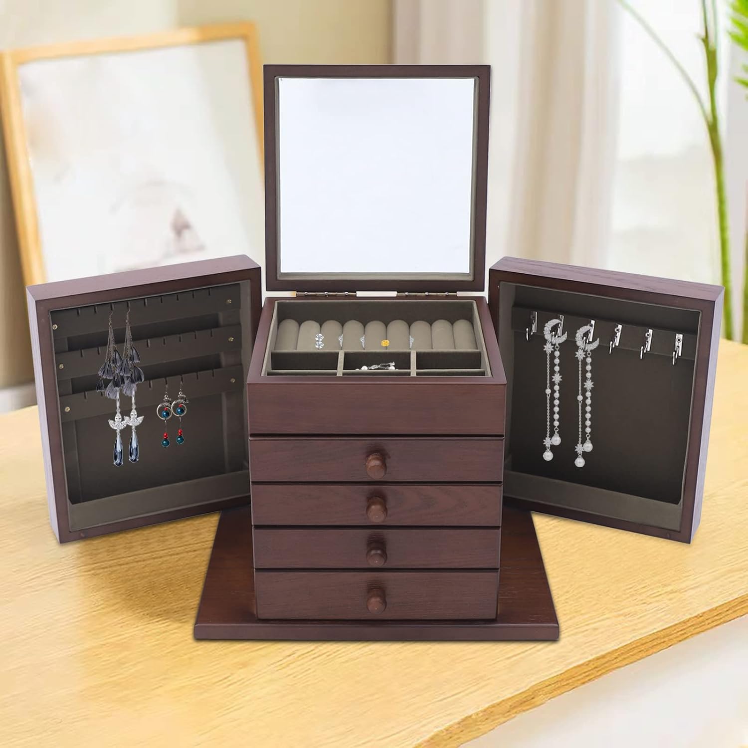 Dark Brown MDF Wooden Jewelry Box, 5-Layer 4 Drawers Organizer Large Jewelry Box with Lock & Mirror - Vintage Style for Rings/Necklaces/Earrings, 11.81in Compact Size (6 Hooks, 27 Pin Slots, 7.05lbs)