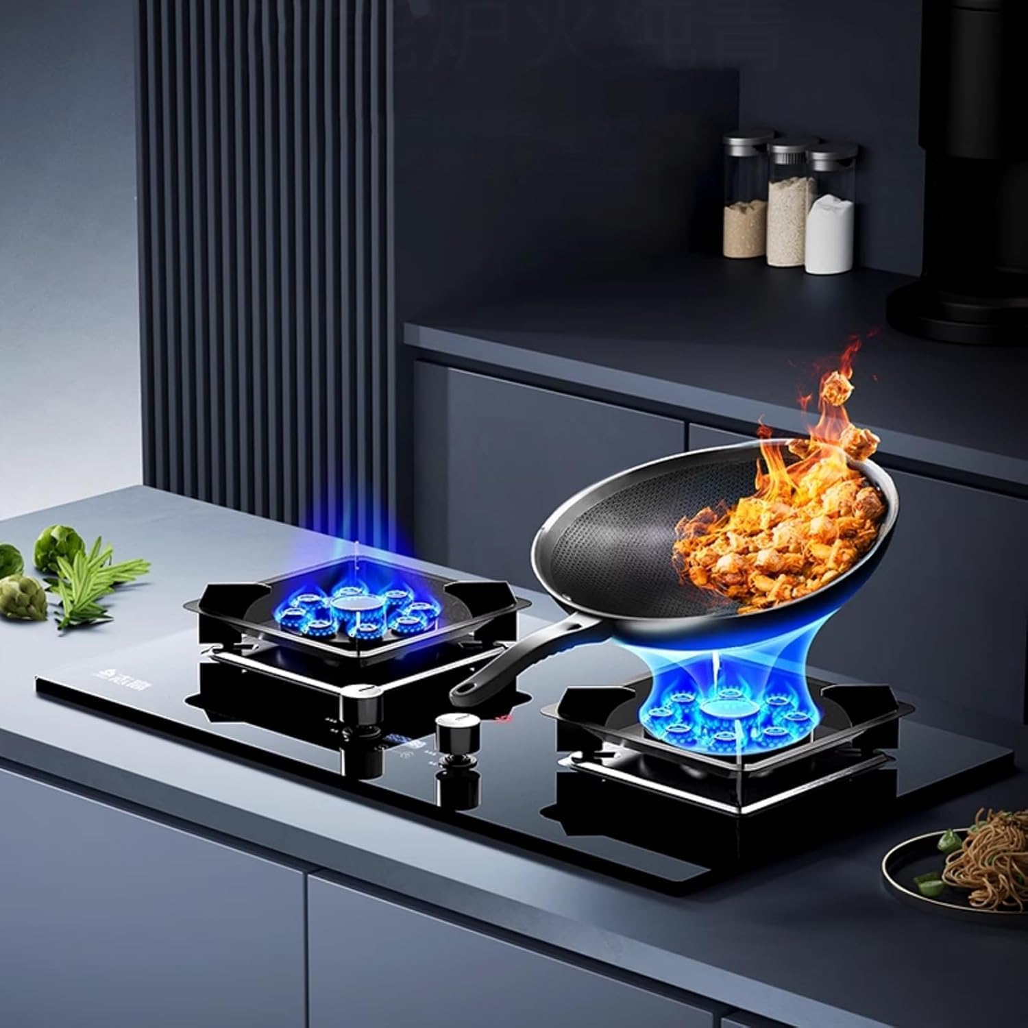 Gas Cooker,Double Nine-cavity Anti-scalding Steel Glass Timed Energy-gathering Gas Stove,with Thermocouple Protection(LPG)