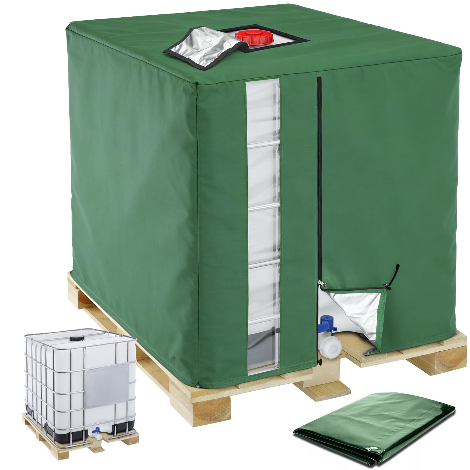 IBC Pokrowiec na zbiornik na wodę 420D Oxford, plandeka ochronna na zbiornik 1000L, osłona na zbiornik IBC UV, osłona na zbiornik na wodę deszczową z oknem, 120 x 110 x 116 cm - zielony