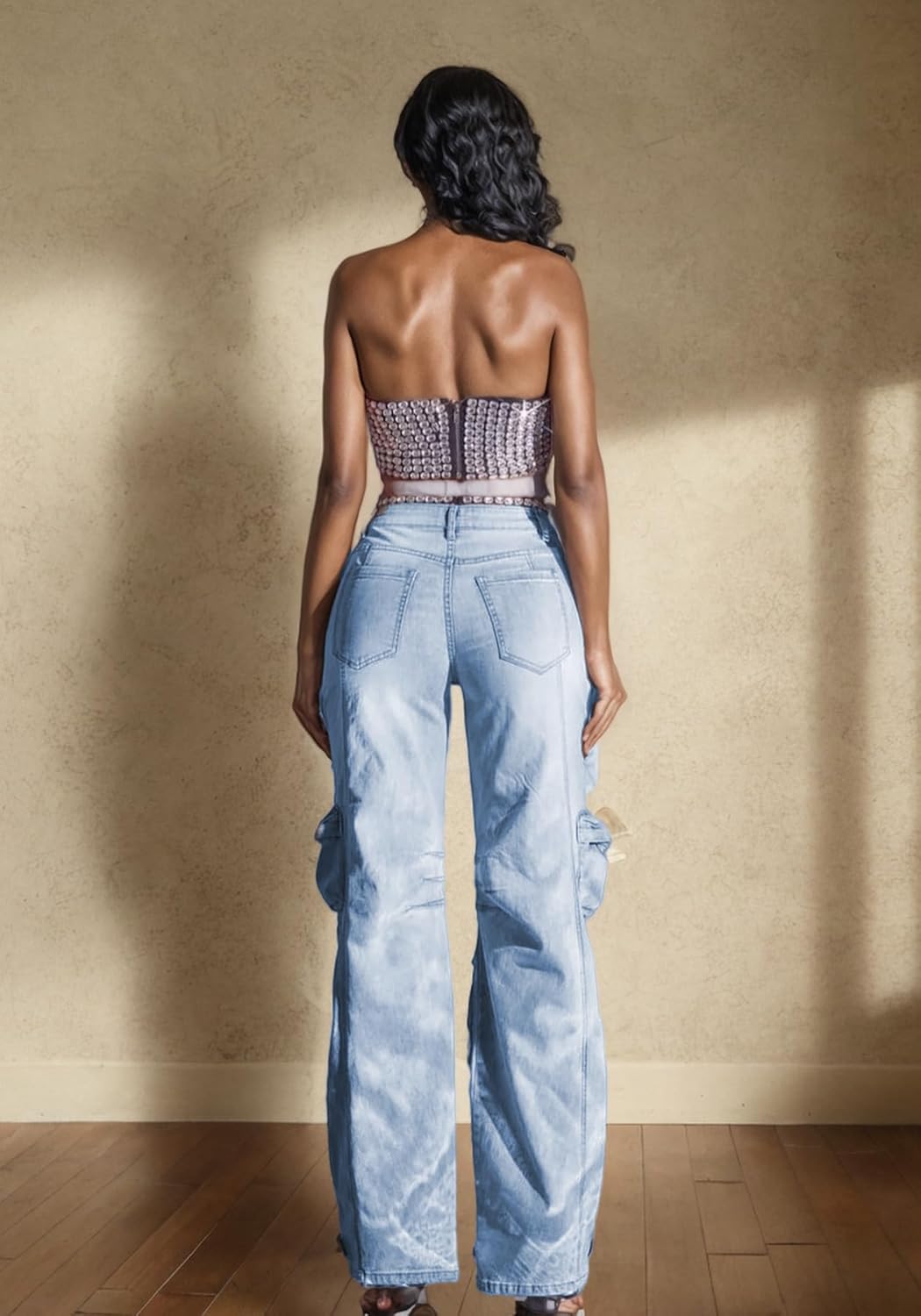 Tbahhir Rhinestone Jeans for Women Cargo Baggy High Waisted Straight Leg Denim Pants with Slit Shiny Sparkly Trousers - Image 7