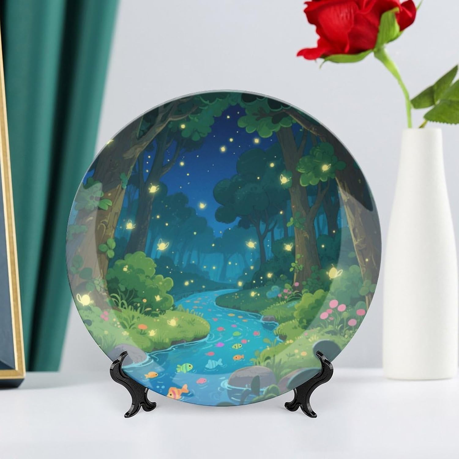 Bone China Decorative Plates Firefly Forest Ceramic Decorative Plate Wall Decor with Display Stand Ceramic Ornaments for Wall Hanging Decoration