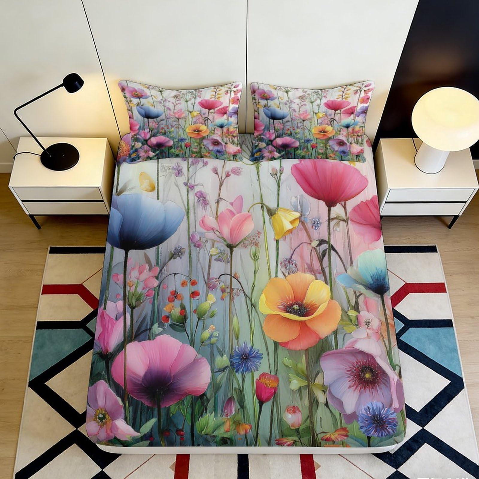 3D Printed Wildflower Meadow Fitted Sheet Microfiber Soft Breathable Floral Garden Bed Cover for Bedroom Dorm Decor 200x200x25cm