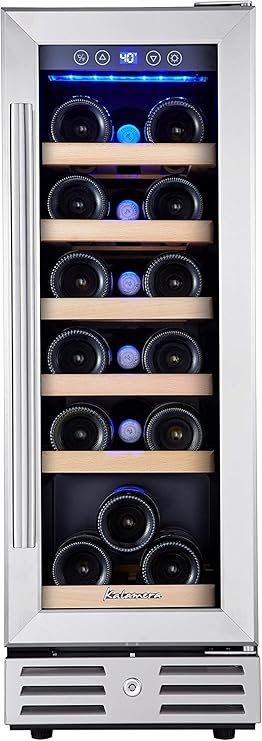 Kalamera Mini Fridge 18 Bottle - 12 inch Wine Cooler Refrigerator, Built-in or Freestanding, with Stainless Steel & Double-Layer Tempered Glass Door, and Temperature Memory Function Wine Fridge