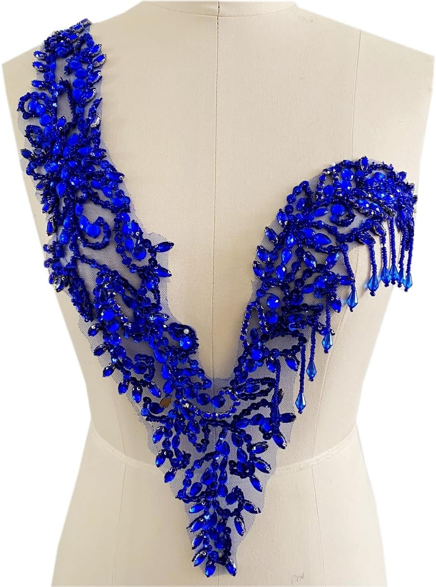 Unique Design handsewing Beads Applique sew on Rhinestones Crystal Sequins Tassel Patches Trimming for One-Shoulder Dress Shining Decoration Accessories 20X9.4 inches (Gold)