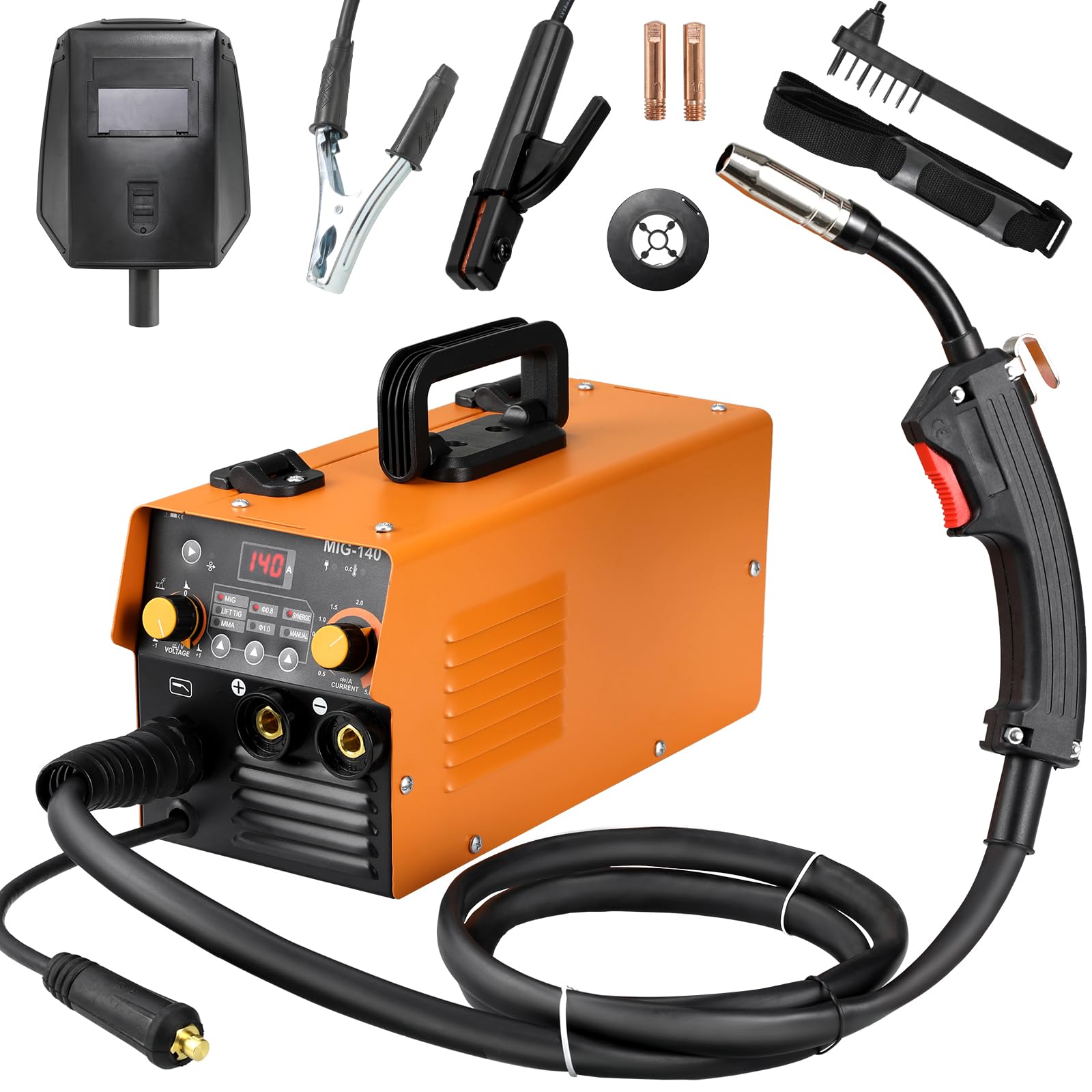 Continuous Wire Welder without Gas 140A 230V, 3 in 1 MIG Welder, ARC MMA, Lift TIG, IGBT Inverter, Portable Welding Machine, with LCD Display, 0.8mm Wire Roll, Mask and Brush, IP 21S