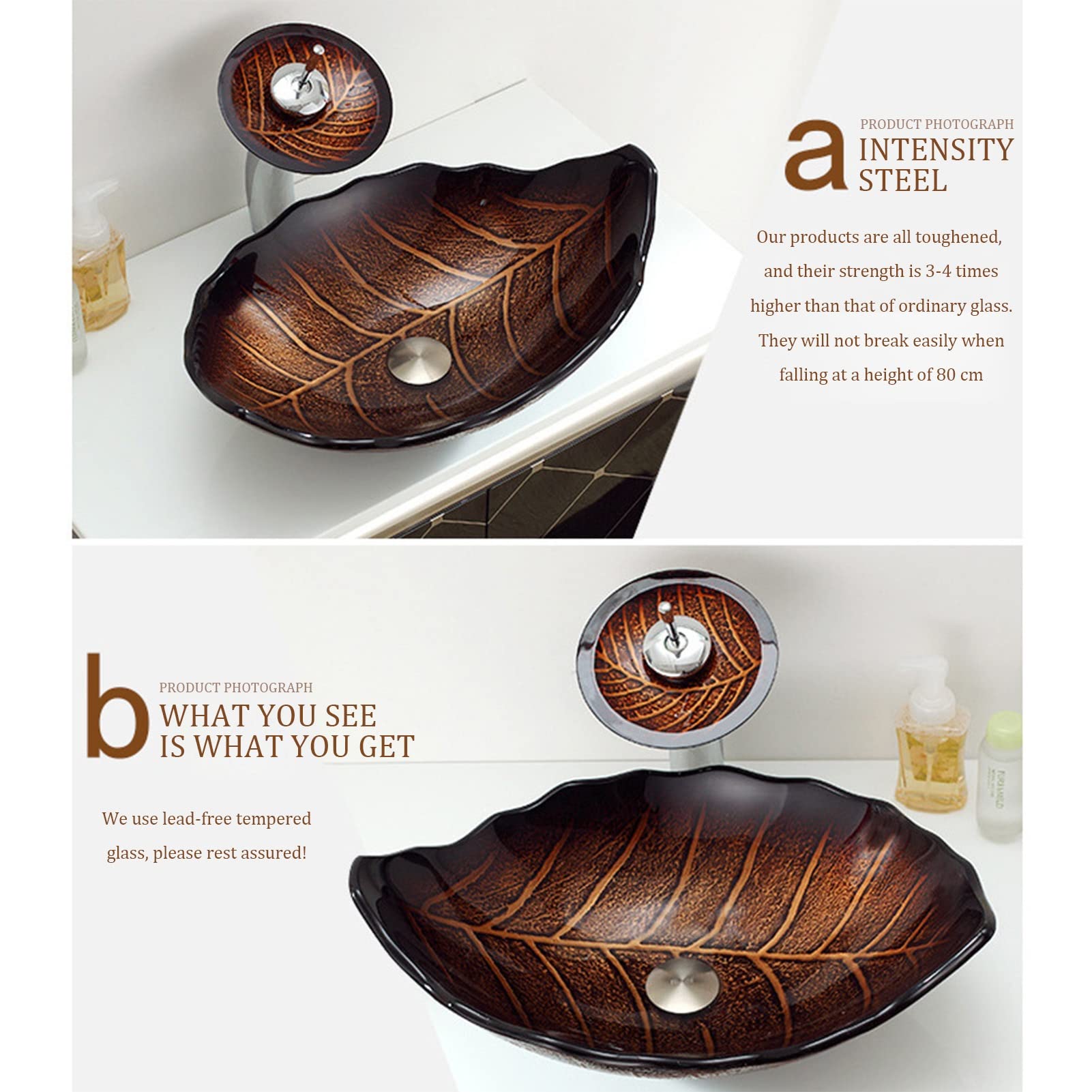 Lavandino in Vetro temperato Artistico con Rubinetto Cromato a Cascata Combinato e lavandino Pop-up con Scarico per lavabo (Colore: A, Dimensioni: 55x35x17,5 cm)