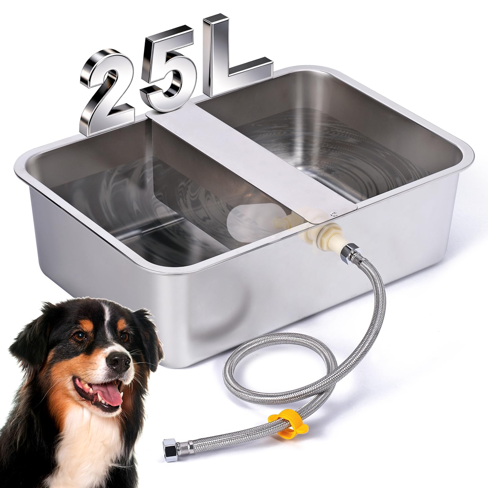 25L Automatic Dog Water Dispenser with Floating Valve, Outdoor Canine Drinker for Two Poop Stainless Steel Gravity Dog Water Bowl (Autocomplete)