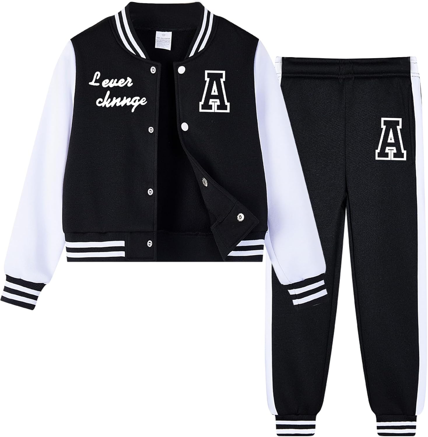 Boys' School Team Baseball Jacket and Pants Set Black and White Colorway Letter Embroidery