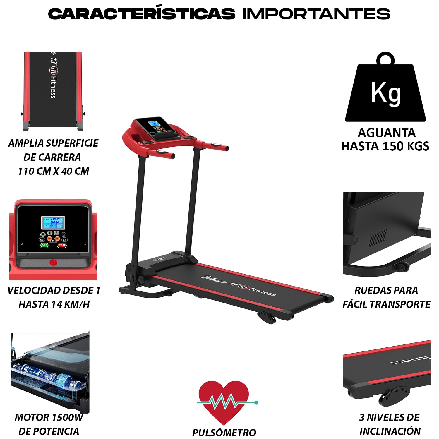 Cinta de Correr Plegable con Motor Eléctrico 1500W - Ideal para Andar Correr Trotar - Aguanta 150 kgs - Velocidad 1-14km