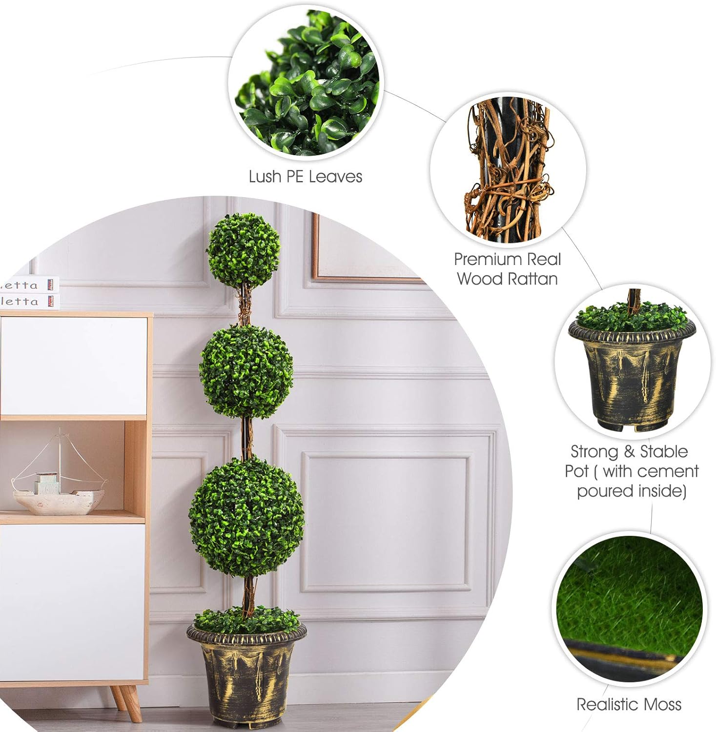 4ft Topiary Trees Artificial Outdoor/Indoor, Faux Plants Shrub Bushes w/Cement-Filled Retro Pot, Fake Triple Ball Boxwood Topiary Set of 2 for Home, Office, Porch, Front Door, Entrance