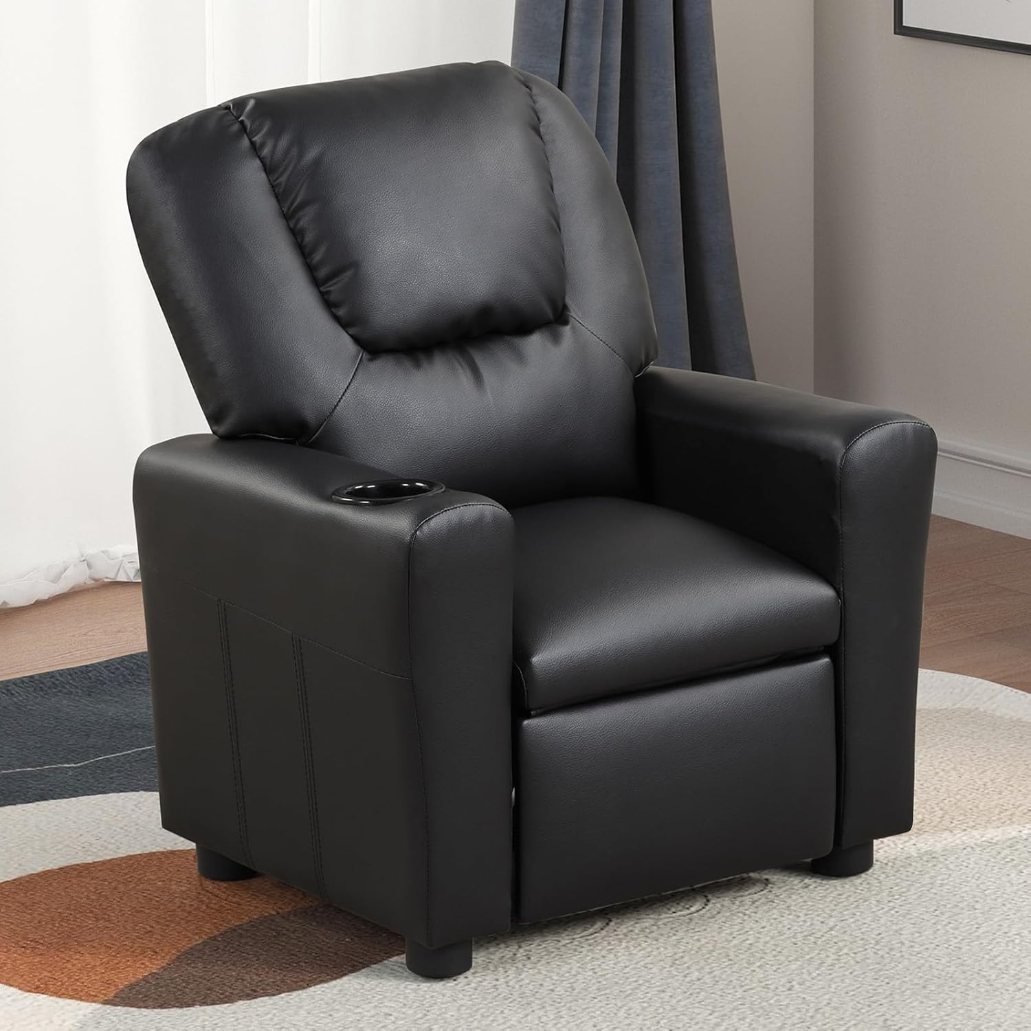 Recliner Chair for Living Room, PU Leather Recliner Chair Winback Single Sofa Home Theater Chairs Adjustable Modern Reclining Chair with Padded Seat Backrest for Kids (Black)