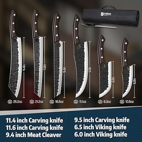 Miniatura 5 de TIJERAS Juego de Cuchillos de Carnicero, Cuchillas Vikingas para Carne BBQ Forjadas a Mano, Juego de Cuchillos de Chef Profesional con Bolsa