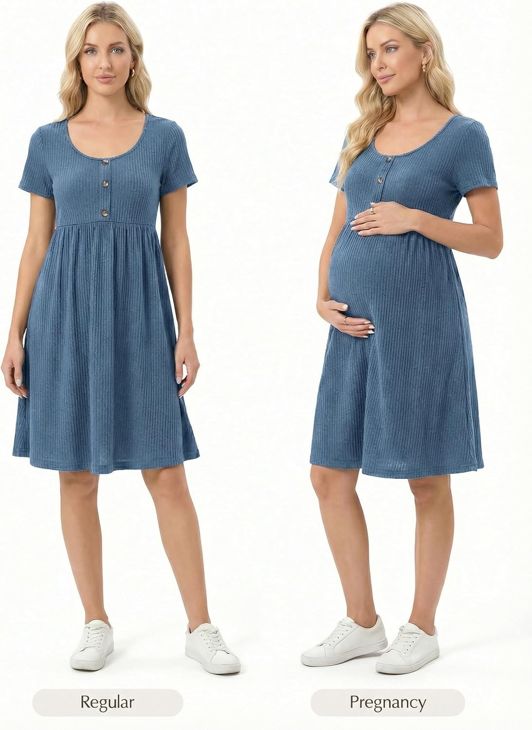 BLENCOT Short Sleeve Maternity Rib Knitted Dress for Spring Summer Button Knit Ribbed Babydoll Pregnancy Dresses with Pocket