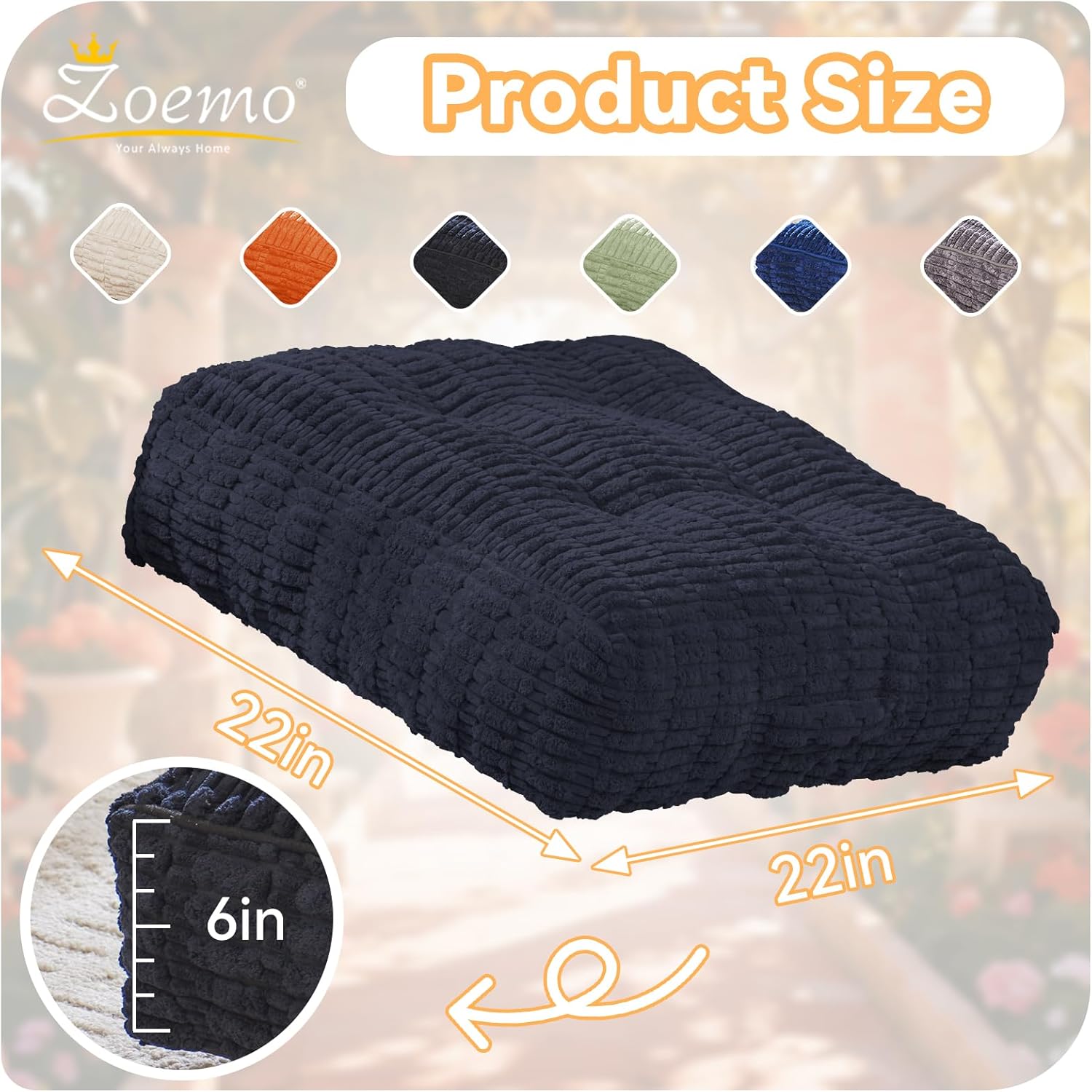 floor pillow cushion for adults, meditation cushion pillow, large square floor sitting, for tatami living room or yoga, 22x22 inch black 6" thick(pack of 2)
