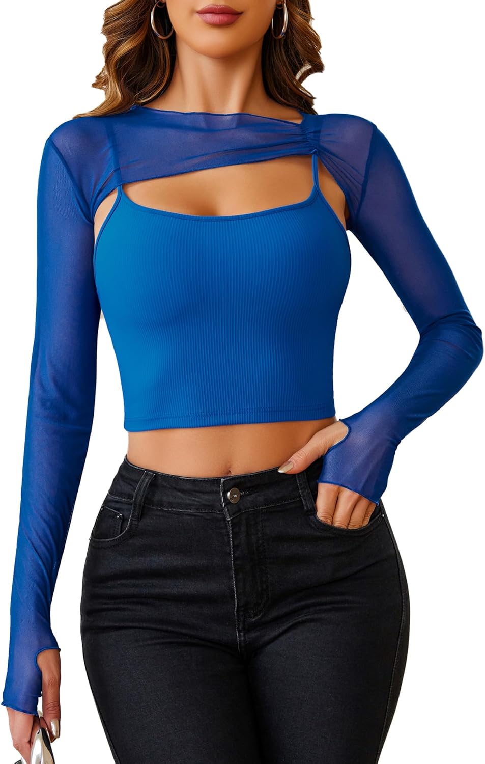 Avidlove Women Sexy Long Sleeve Mesh Crop Top Solid Cover Up with Spaghetti Strap Cami Top 2 Pieces Clubwear with Thumb Holes