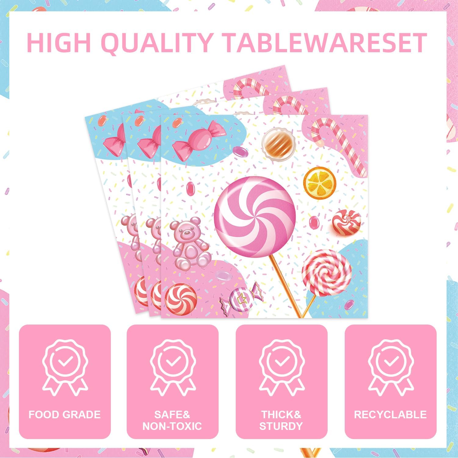 141Pcs Candyland Birthday Party Decorations Sweet Candy Themed or Baby Shower Party Supplies with Plates Napkins Cups Knives Forks Straw Tablecloth Set for 20 Guests