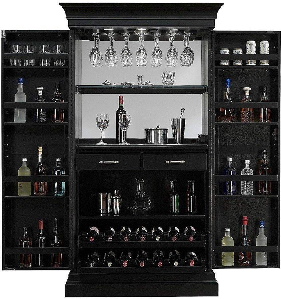 SONA ART & CRAFTS Solid Sheesham Wood Stylish Bar Cabinet with Wine Glass Storage Rack with Drawer & Glass Holder for Home and Bar Furniture Living Room - Black